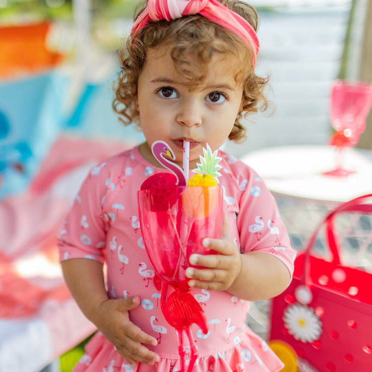 Pink two pieces swimsuit with flamingo all over print, baby