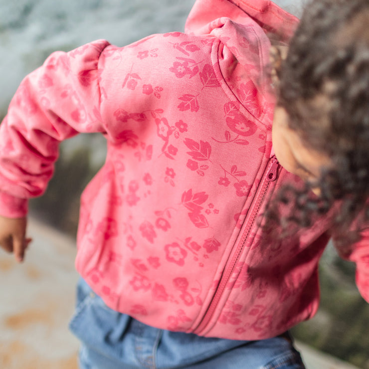 Veste rose à capuchon avec fleurs en coton ouaté brossé, enfant || Pink hooded vest with flowers in brushed cotton fleece, child