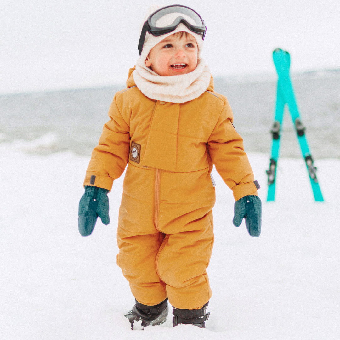 One piece yellow padded snowsuit with hood baby Souris Mini