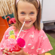 Robe rose en jersey extensible à motifs de flamants, enfant || Pink dress in stretch jersey with flamingo all-over print, child