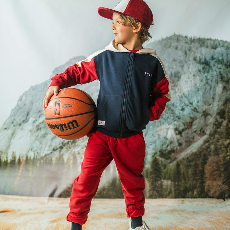 Veste à capuchon marine, rouge et crème en coton ouaté brossé, enfant || Navy, red and cream hooded vest in brushed cotton fleece, child