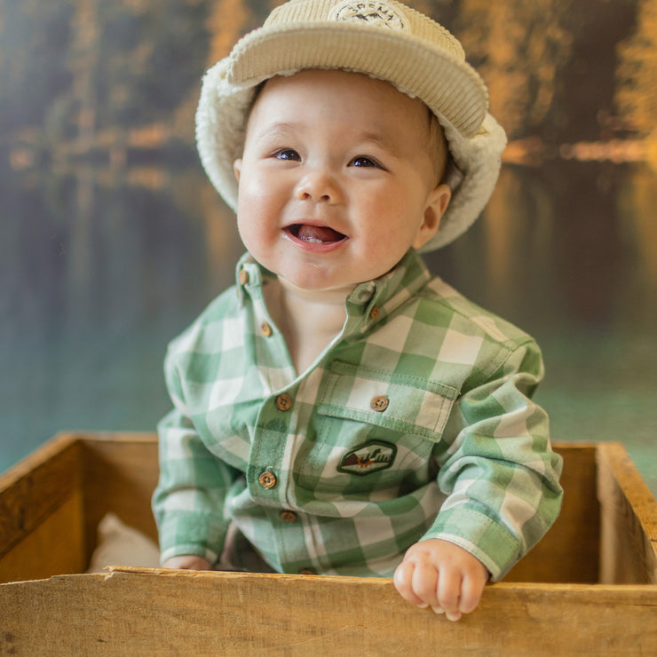 Chemise à manches longues verte et crème à carreaux en flanelle, bébé || Green and cream plaid long sleeves shirt in flannel, baby