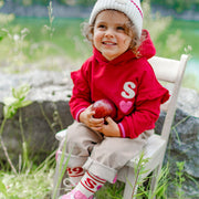 Chandail à capuchon rouge de coupe ample en coton ouaté, bébé || Red loose fit hoodie in cotton, baby