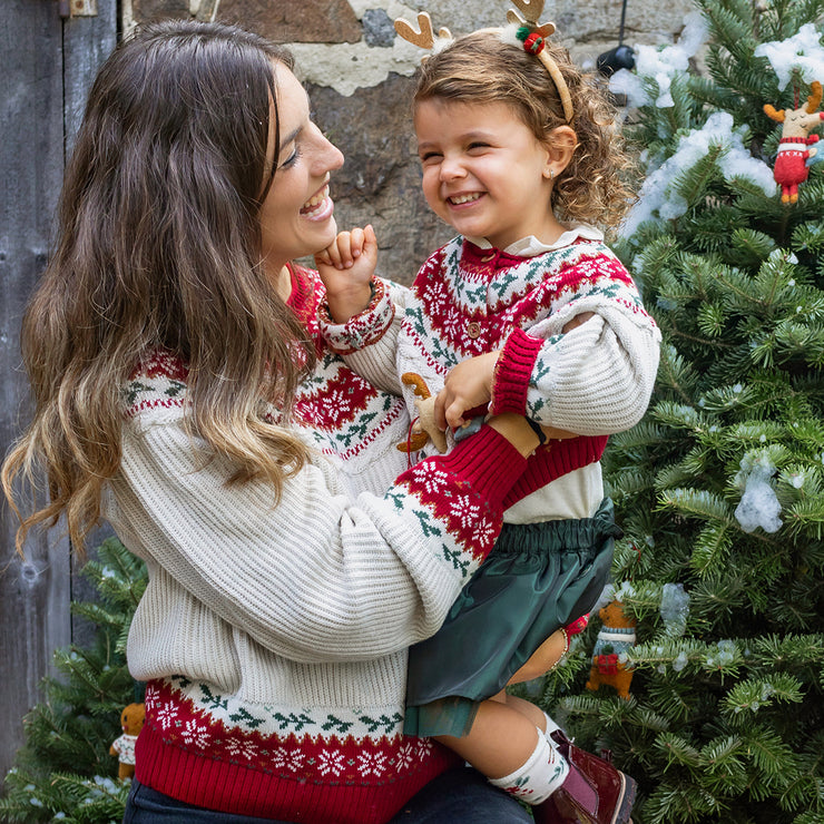 Chandail en tricot crème et rouge à motifs des fêtes, adulte || Cream and red knit sweater with holiday all over print, adult