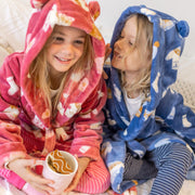 Robe de chambre bleue à motif automnal en peluche, enfant || Blue dressing gown with autumnal all over print in plush, enfant