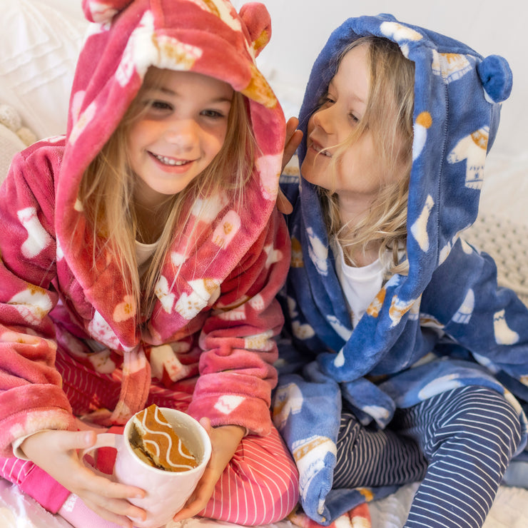 Robe de chambre rose à motif automnal en peluche, enfant || Pink dressing gown with autumnal all over print in plush, enfant