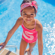 Maillot de bain une pièce rose réversible à rayures, enfant || Pink one piece swimsuit reversible with stripes, child