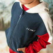 Veste à capuchon marine, rouge et crème en coton ouaté brossé, enfant || Navy, red and cream hooded vest in brushed cotton fleece, child