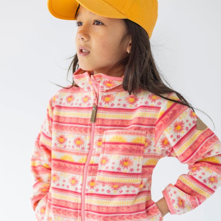 Veste de polar rose à motifs et col montant, enfant || Pink fleece vest with all over print and high collar, child