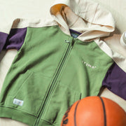 Veste à capuchon verte, prune et crème en coton ouaté brossé, enfant || Green, plum and cream hooded vest in brushed cotton fleece, child