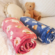 Couverture bleue à motif automnal en peluche, enfant || Blue blanket with autumnal all over print in plush, child