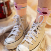 Chaussettes pêche et mauves avec une fleur, enfant || Peach and mauve socks with a flower, child