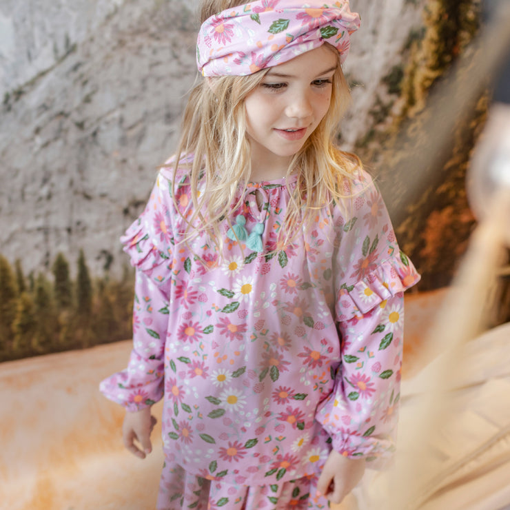 Chemise ample lilas fleuri à manches longues bouffantes en viscose, enfant || Floral lilac wide fit shirt with long puff sleeves in viscose, child
