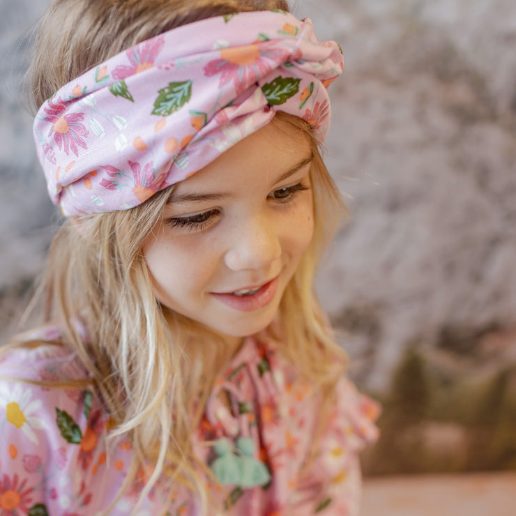 Bandeau lilas fleuri avec croisé en viscose, enfant || Floral lilac twisted headband in viscose, child