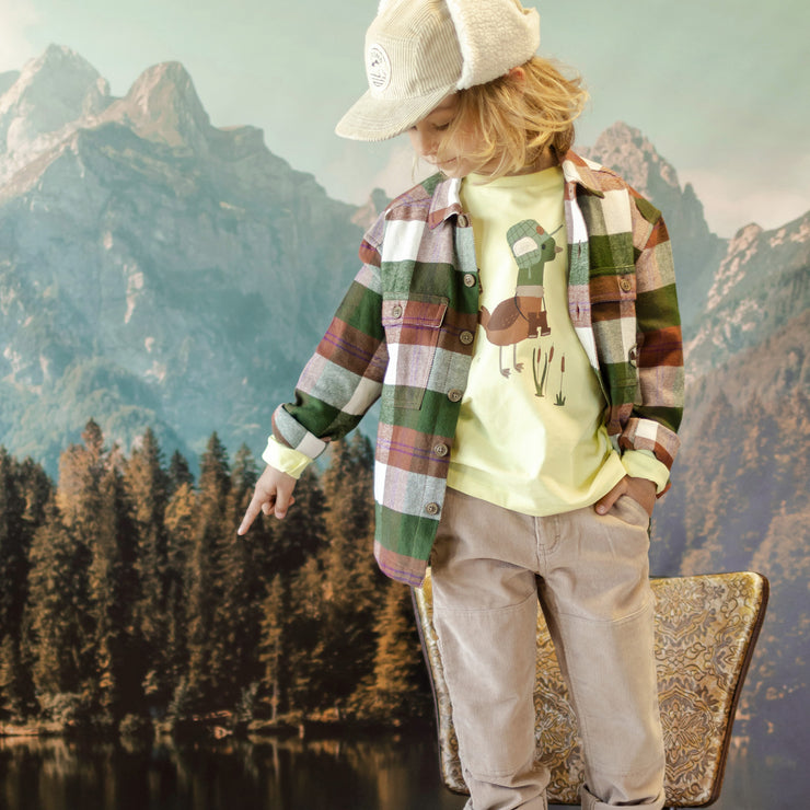 Chemise verte et brune à carreaux en flanelle épaisse, enfant || Green and brown plaid shirt in heavy flannel, child