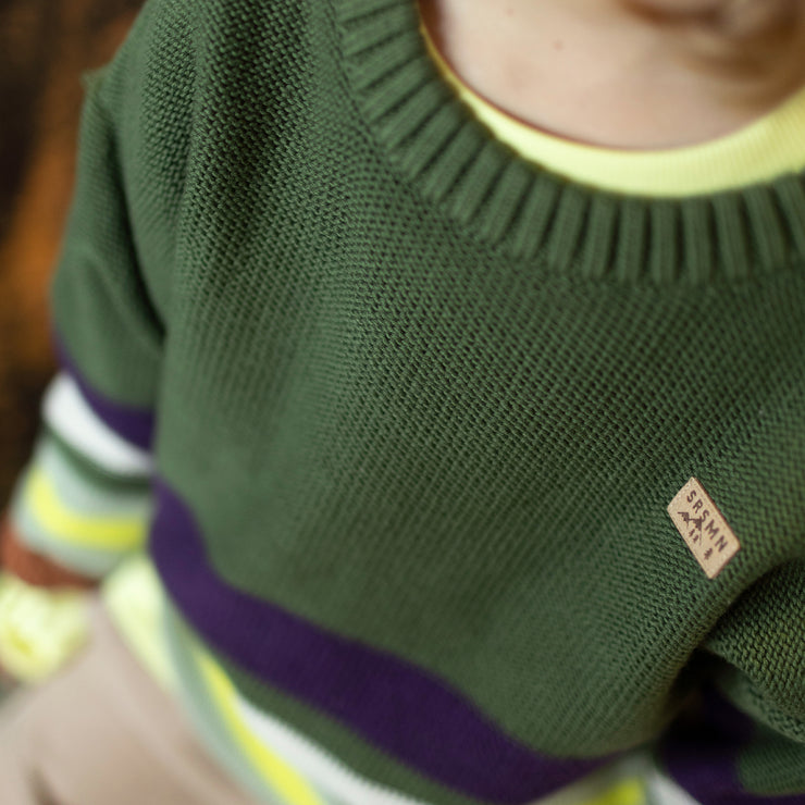 Chandail de maille vert à rayures, enfant || Green knit sweater with duck jacquard pattern, child