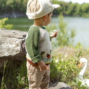 Chandail de maille vert à motifs jacquard de canards, bébé || Green knit sweater with duck jacquard pattern, baby