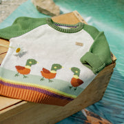 Chandail de maille vert à motifs jacquard de canards, bébé || Green knit sweater with duck jacquard pattern, baby