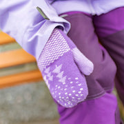 Mitaines mauves à motifs en maille, enfant || Purple knitted mittens with print, child