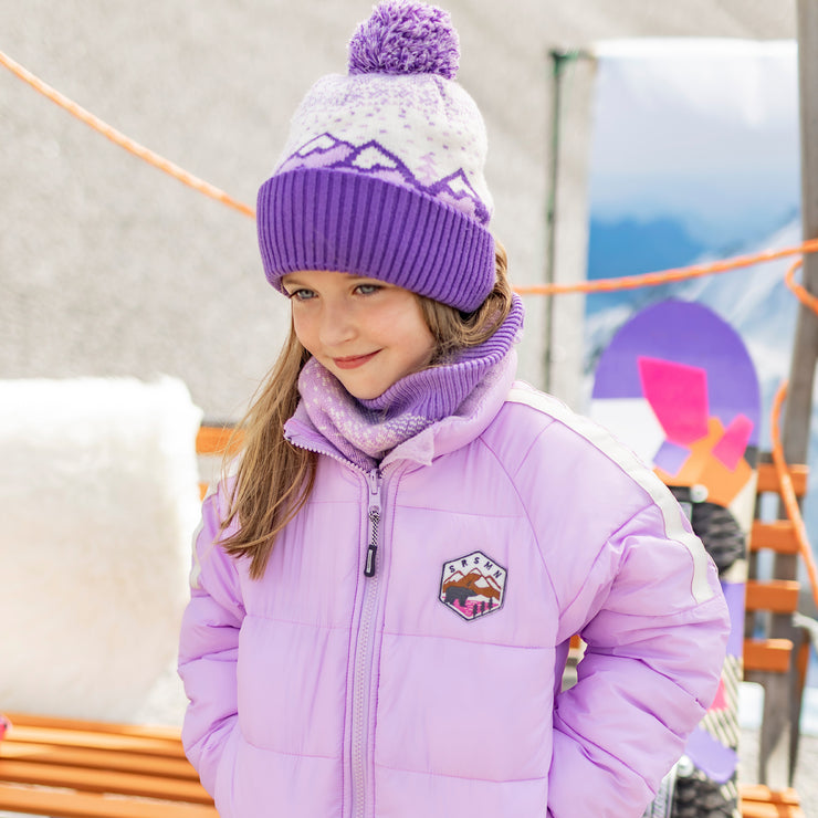 Tuque de maille mauve et crème à motifs avec pompon, enfant || Purple and cream and turquoise toque with print and pompon, child