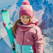 Tuque de maille rose, pêche et turquoise à motifs avec pompon, enfant || Pink, peach and turquoise toque with print and pompom, child