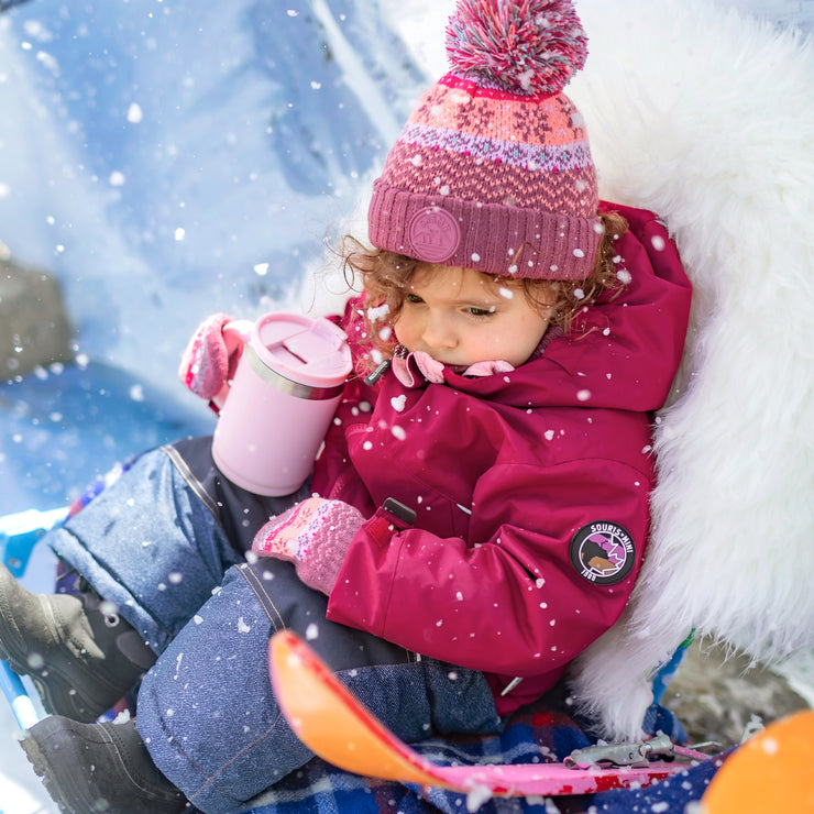 Pink, peach and turquoise toque with print and pompon, baby