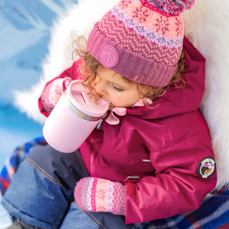 Pink, peach and turquoise knitted mittens with print and cord, baby