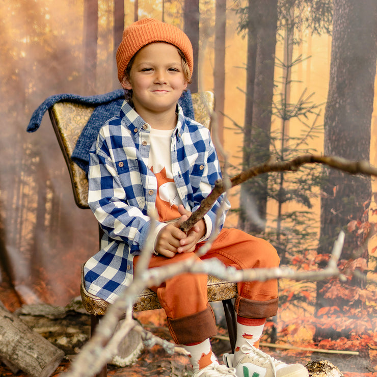 Chemise à carreaux bleu acier et crème en douce flanelle, enfant || Steel blue and cream plaid shirt in soft flannel, child