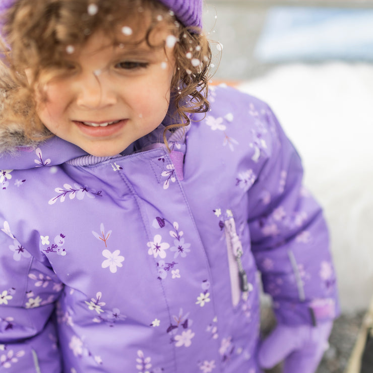 Habit de neige 3 en 1 violet à motifs avec capuchon en fausse fourrure, bébé || 3-in-1 violet snowsuit with print with faux fur hood, baby