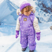 Purple knitted mittens with print and cord, baby