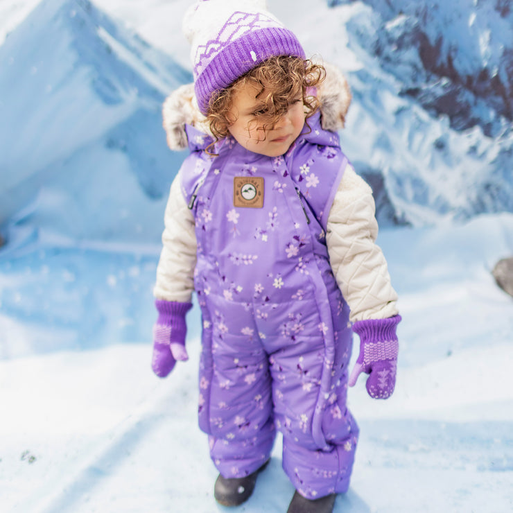 Purple knitted mittens with print and cord, baby