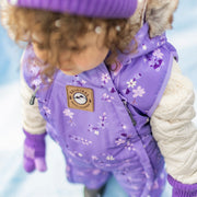 Habit de neige 3 en 1 violet à motifs avec capuchon en fausse fourrure, bébé || 3-in-1 violet snowsuit with print with faux fur hood, baby