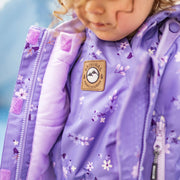 Habit de neige 3 en 1 violet à motifs avec capuchon en fausse fourrure, bébé || 3-in-1 violet snowsuit with print with faux fur hood, baby