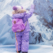 Habit de neige 3 en 1 violet à motifs avec capuchon en fausse fourrure, bébé || 3-in-1 violet snowsuit with print with faux fur hood, baby