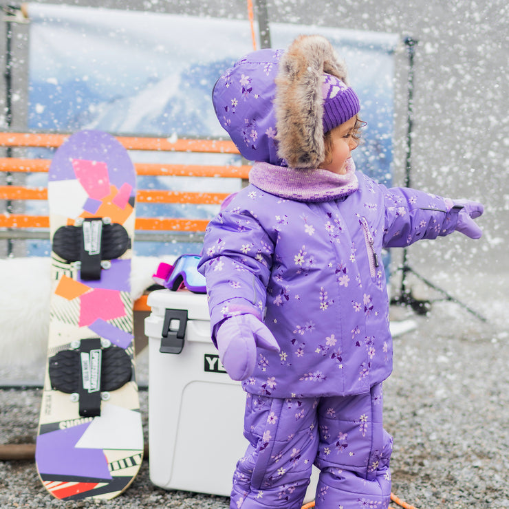 Habit de neige 3 en 1 violet à motifs avec capuchon en fausse fourrure, bébé || 3-in-1 violet snowsuit with print with faux fur hood, baby