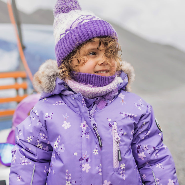 Purple and cream and turquoise toque with print and pompon, baby