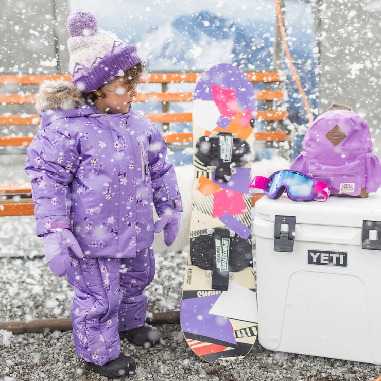 Habit de neige 3 en 1 violet à motifs avec capuchon en fausse fourrure, bébé || 3-in-1 violet snowsuit with print with faux fur hood, baby