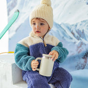 Une pièce en sherpa bleu blocs de couleurs à col montant, bébé || Blue sherpa one piece with color block and high collar, baby