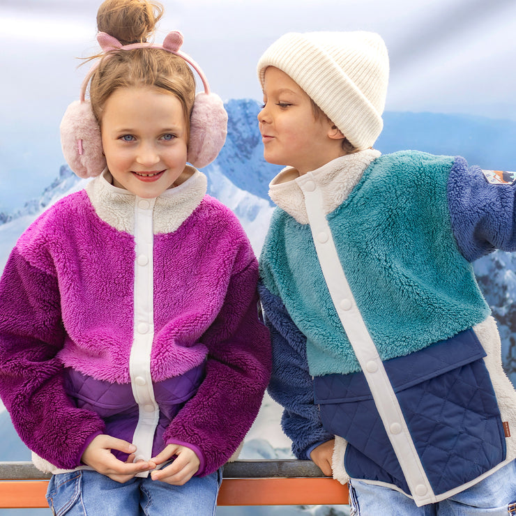 Veste en sherpa mauve blocs de couleur à col montant, enfant || Sherpa purple color-block vest with high collar, child