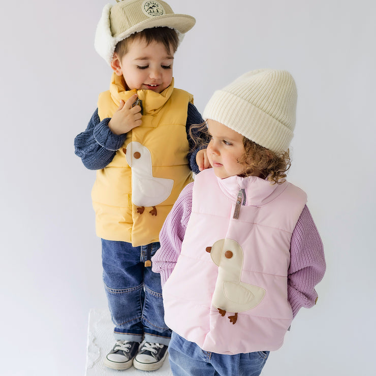 Veste doudoune sans manches jaune avec un canard, bébé || Yellow sleeveless puffer with a duck, baby