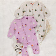 Purplish pink one-piece with jacquard all over print in knit, newborn