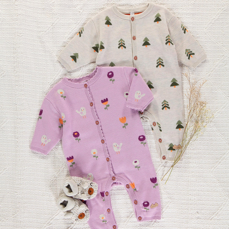 Purplish pink one-piece with jacquard all over print in knit, newborn