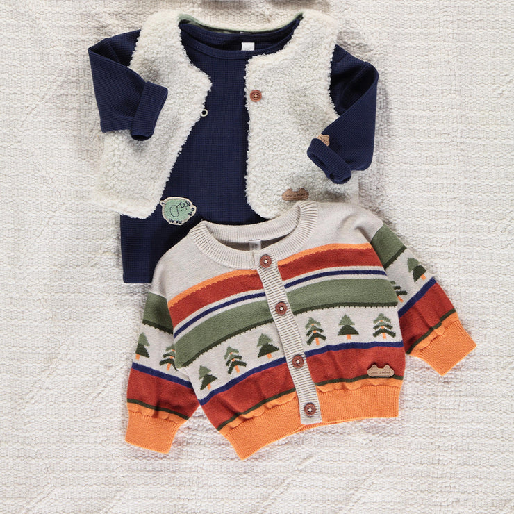 Cardigan de maille crème à rayures orange et vertes, naissance || Cream knit cardigan with orange and green stripes, newborn