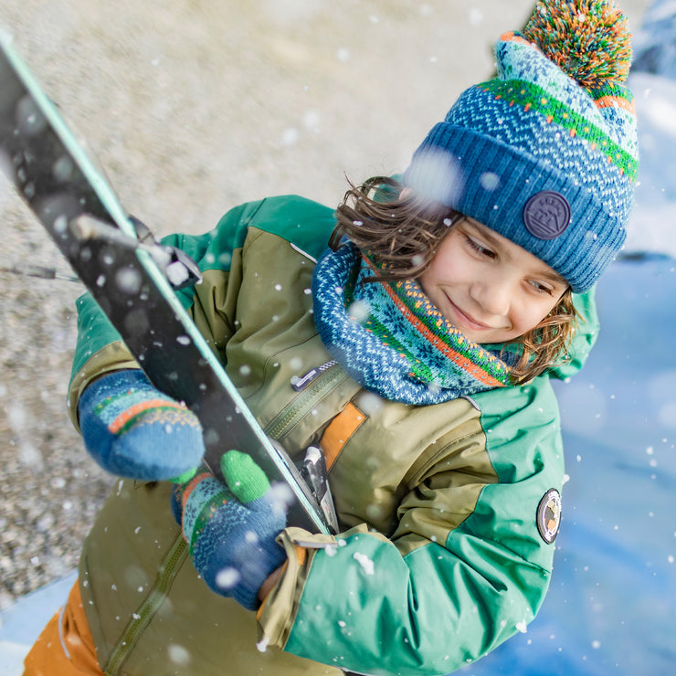 Habit de neige deux pièces vert et jaune avec bloc de couleur turquoise, enfant || Two-piece yellow and green snowsuit with turquoise color block, child