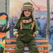 Habit de neige deux pièces vert avec blocs de couleur vert et caramel, enfant || Two-piece green snowsuit with green and caramel color block, child