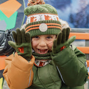 Gants verts et orange à motifs en maille, bébé || Green and orange knitted gloves with print, child