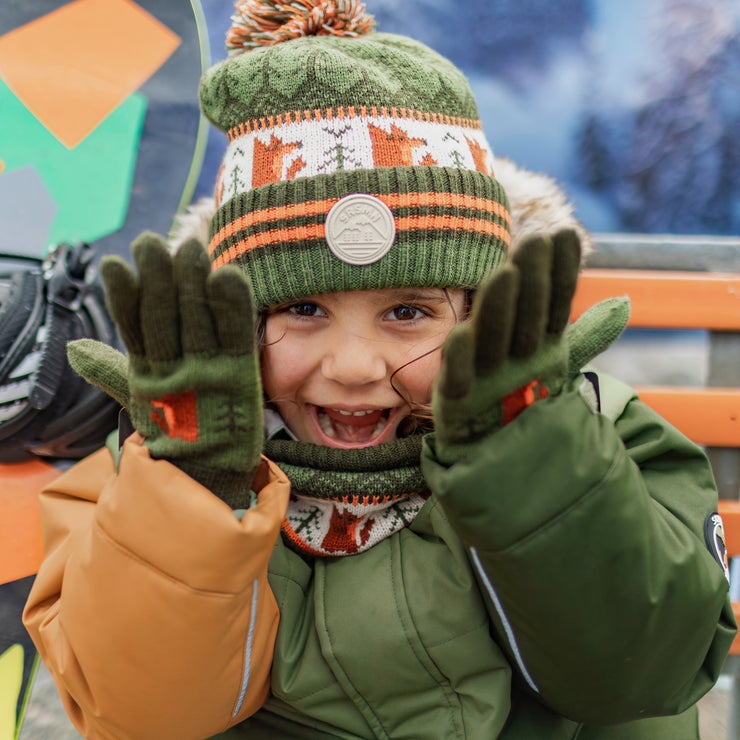 Habit de neige deux pièces vert avec blocs de couleur vert et caramel, enfant || Two-piece green snowsuit with green and caramel color block, child