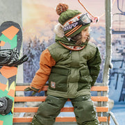 Habit de neige deux pièces vert avec blocs de couleur vert et caramel, enfant || Two-piece green snowsuit with green and caramel color block, child