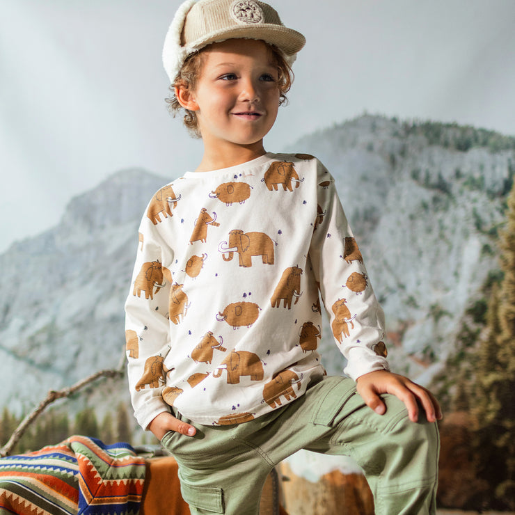 T-shirt crème à motifs de mammouths en jersey, enfant || Cream jersey t-shirt with mammoth all over print, child