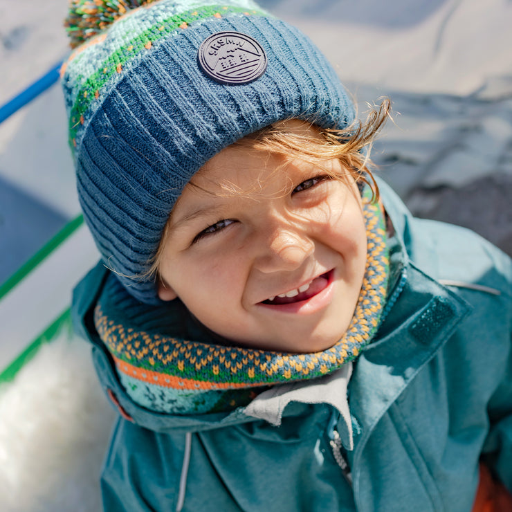 Habit de neige deux pièces bleu sarcelle et orange, enfant || Two-piece snowsuit with teal blue and orange color block, child